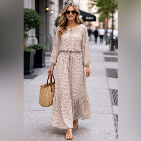 Dkny Dresses & Skirts - DKNY Women's Neutral Keyhole Neck Long Sleeve Peasant Tie Waist Maxi Dress XL